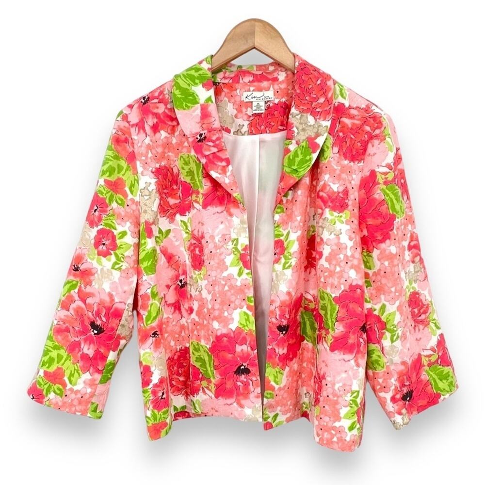 Kim Rogers Petite 100% linen pink floral open front lightweight blazer jacket L